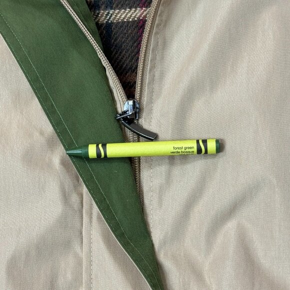 Blair Womens Hooded Jacket Khaki Removeable Plaid Liner Snap Zip Pockets Size L - Picture 16 of 16